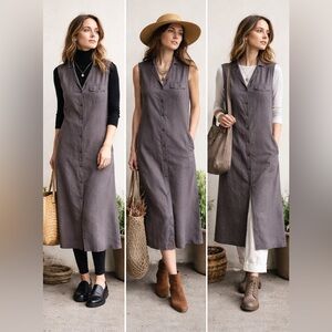 Vintage Sears Faux Suede Gray Sleeveless Button-Front Midi Dress Size 18 (14)